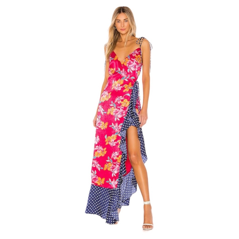 Lovers and Friends Burton Tropical Print Maxi Dress Satin Wrap Ruffle XXS